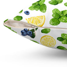 Load image into Gallery viewer, Pope&#39;s Cocktails Citrus Fruit Decorative Pillow - Bright Lemon &amp; Blueberry Design
