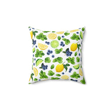 Load image into Gallery viewer, Pope&#39;s Cocktails Citrus Fruit Decorative Pillow - Bright Lemon &amp; Blueberry Design
